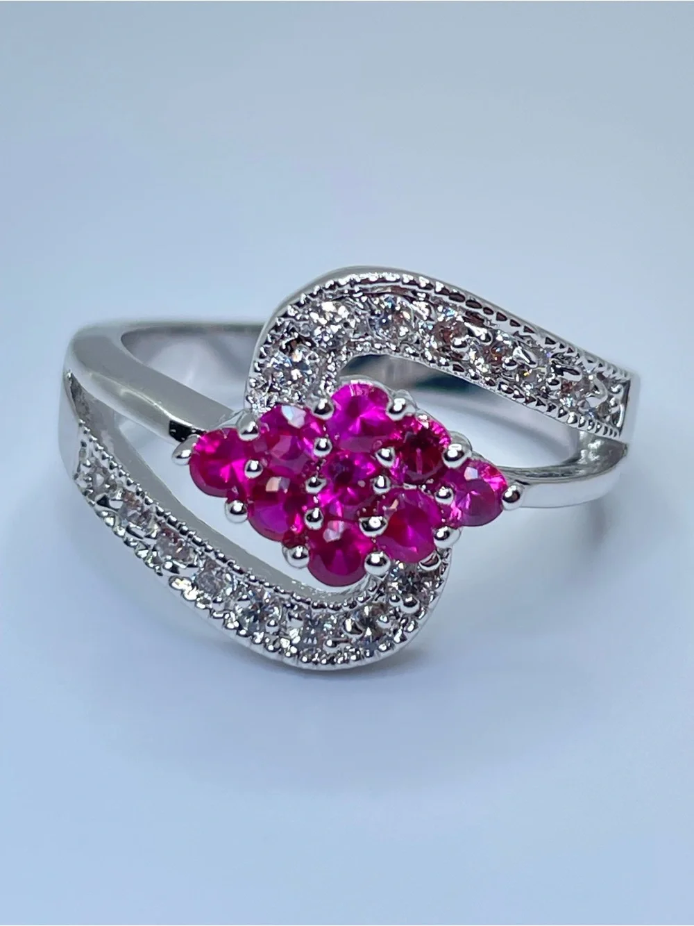 Swarovski Ruby Pink Diamond White Crystal Elements Ring CZ Halo Silver Sz 7